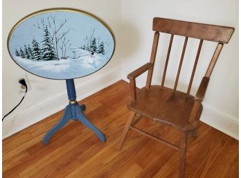 Cute Winter Scene Tilt Top Small Accent Table & Vintage Childs Wood Chair