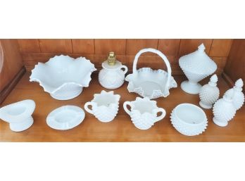 Vintage Diamond Point & Hobnail White Milk Glass Assortment