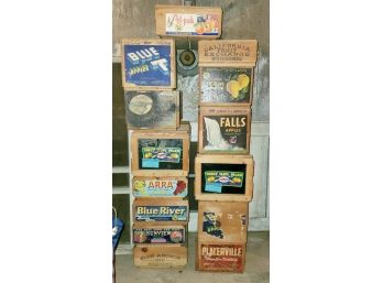 Fourteen Vintage Fruit & Produce Wood Crates - Fun Graphics!!  Lot #9