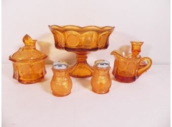 Vintage Fostoria Coin Glass Amber Set-Compote Dish, Sugar Bowl, Creamer, Salt & Pepper Shaker & Candleholders