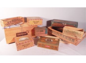 Vintage Cigar Boxes And Product Crates Including Top Stone Bouquet, La Moscovita, La Fendrich, Armour, And Mor