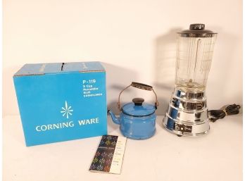 Vintage LaBelle Silver Blender, Enamel Tea Pot & New Corning Ware P-119 Cornflower Percolator