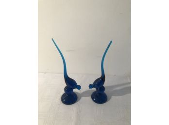 Pair Of Blue Glass Peacocks