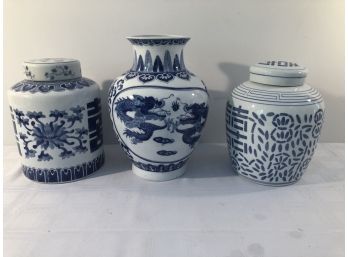 Blue & White  Vase & 2 Ginger Jars