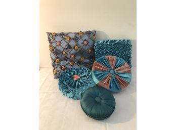 Lot Of Green & Blue Velvet & Poly Pillows