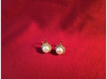 14K Gold Pearl And Diamond Accent Ear Rings