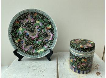 Asian Painted Plate And Lidded Jar Depicting Butterflies