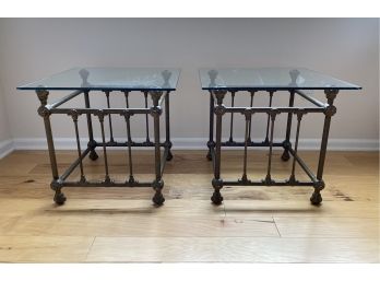 Pair Of Bronze Patinated Metal Glass Top Night Stands