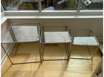 Trio Of Mid Century Modern Chrome & Glass Cube Nesting Tables