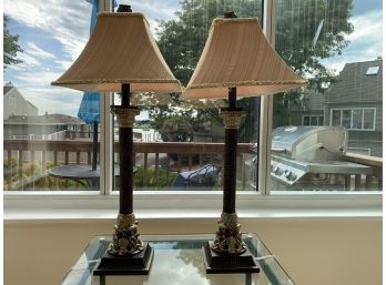 Pair Of Column Form Table Lamps With Gold Painted Accents (tested)