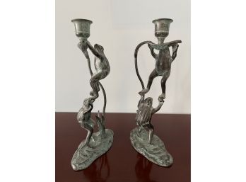 Pier One Frog Copper/Metal Frog Candlestick Figurines (Pair)