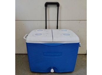 Blue & White Rubbermaid Wheeling Cooler