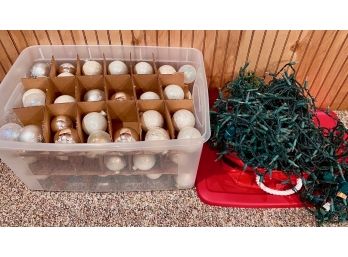 Plastic Bin Of White Themed Christmas Balls