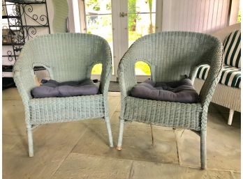 Green/gray Wicker Chair Duo With Navy Cushions