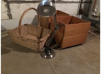 Wood Toy Bins On Wheels, Large Wicker Basket And A Desk Lamp