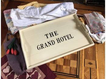 'The Grand Hotel' Wooden Tray Plus Assorted Kitchen Linens