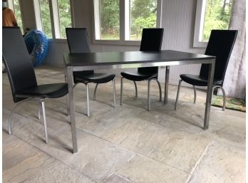 Chrome And Black Top Table With 4 Black Leather Modern Dining Chairs