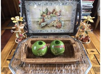 Vintage Tole Candlesticks, 3 Various Trays And 2 Round Modern Candles