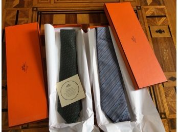 2 Hermes Ties - Green And Blue Stripes - Set 7