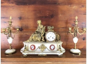 French Neoclassical 3 Piece Gilt Metal Clock Garniture