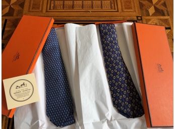 2 Hermes Ties - Blues With Diamond Pattern Backgrounds - Set 3