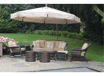 All Weather Wicker Patio Set With Oversized Sun Garden Umbrella