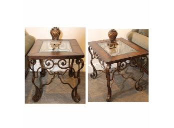 Pair Of Thomasville Wrought Iron And Leather Glass Top End Tables   End Tables