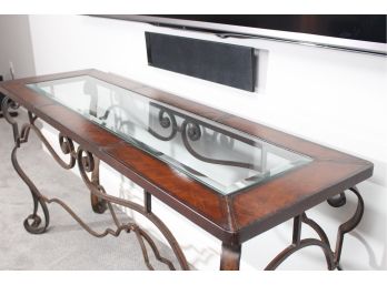 Thomasville Leather Wrapped Glass And Iron Console Table