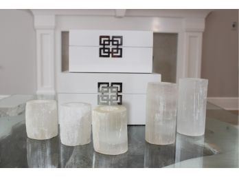 Five Battery Operated Selenite Votive Holders, Two Cases And Accessories