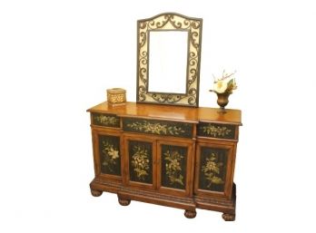 Hand Painted Floral Credenza With Mirror