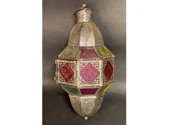 Hanging Metal & Stained Glass Lantern, Moroccan Style