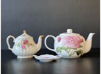 A Pair Of Vintage Floral Teapots & Teabag Caddy