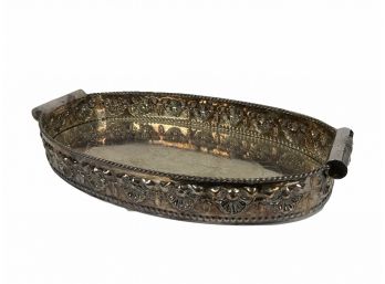 Intricately Decorated And Hammered Large Silver Tone Tray With Handles