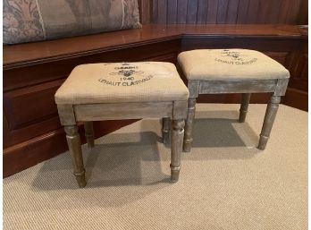 Washed Wood Upholstered Burlap Foot Stools Pair