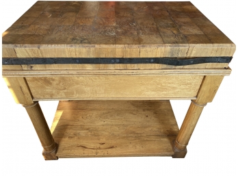 Vintage Wood Butcher Block With Metal Accents & Drawers