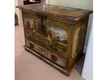 Vintage Wood Blanket  Chest With Rooster Motif