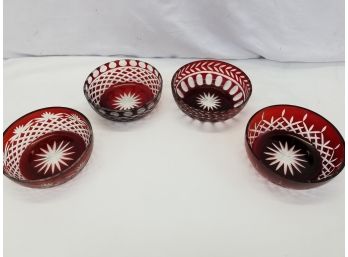 Four Vintage Cranberry Etched Glass Bowls