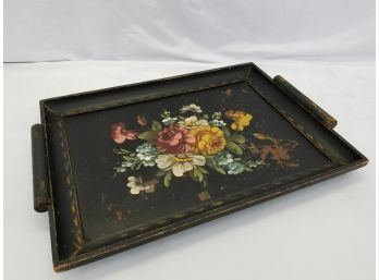 Large Vintage Wooden Hand Painted Floral Tole Tray