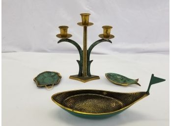 Vintage Brass And Green Enamel Religious Set - Made In Israel