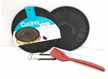 Two Silicone Splatter Shields And Two Spatulas