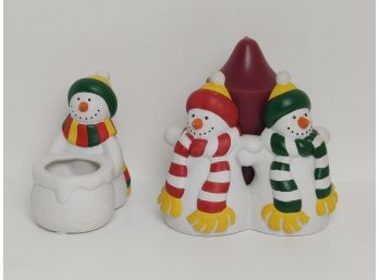 Pair Of Partylite Snowman Candle Holders