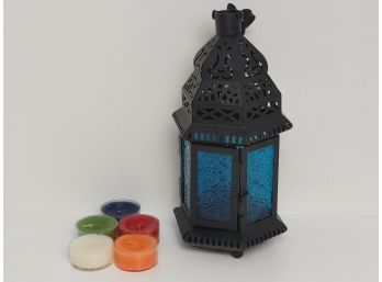 Blue Glass Moroccan Lantern & Tealight Candles