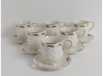 Set Of (6) Partylite Holly Leaf Collection Cups & Saucers