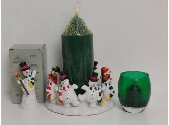 Snowman Pillar Candle Holder, Snowman Snuffer & Holiday Votive Holder