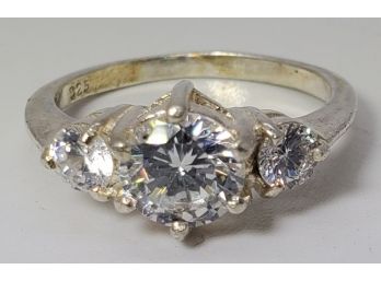 Lovely Vintage Size 7 1/2 Sterling Silver Engagement Ring With 3 CZ's