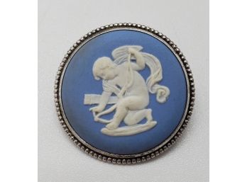 Vintage Wedgwood Blue Jasper Sterling Silver Cupid Brooch ~ 1 1/4'