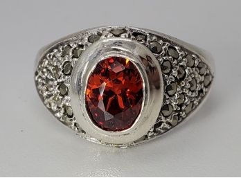 Vintage Size 9 1/2 Sterling Silver With A Brilliant Red Stone And Marcasite