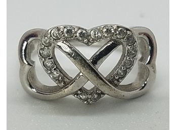 Size 5 Vintage Sterling Silver Ring With 3 Intertwined Heart And CZ's