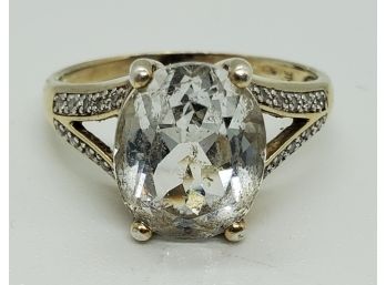 Size 9 1/2 Vintage Gold Plated Sterling Silver Ring With A Huge 6 Ct. Topaz Surrounded By Diamond Chips