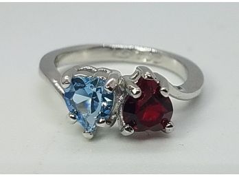 Size 5 Vintage Sterling Silver Ring With Two Opposing Heart Glass Stones